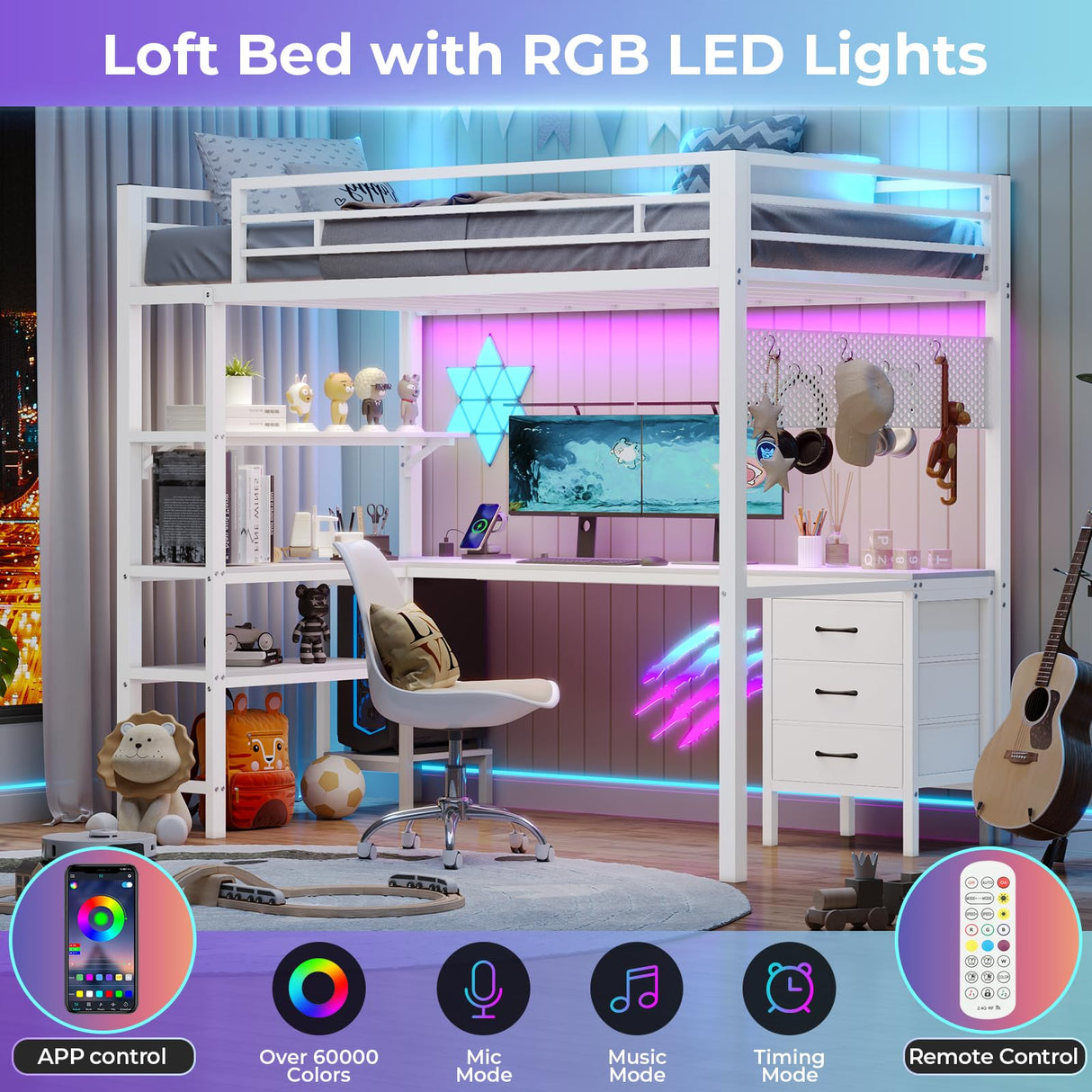 BTHFST Loft Bed Twin Size with L-Shape Desk & RGB LED Lights & Charging Station, Twin Bunk Bed with Fabric Drawers & Shlves, 13.4'' H Safety Guardrail, Noise Free, No Box Spring Needed BTHFST