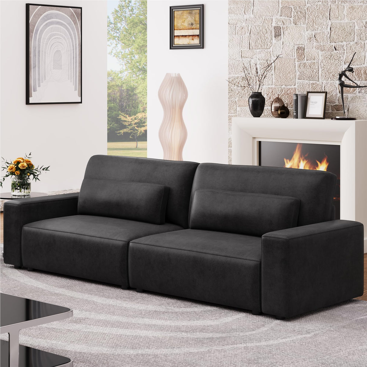 HIFIT 105" Black Faux Leather Sofa Couches for Living Room, Modern Comfy Couch with 28" Deep Seat & Fluffy Cushion, 4-Seater Home Sofa Living Room Furniture for Office with 2 Pillows, Solid Wood Frame HIFIT
