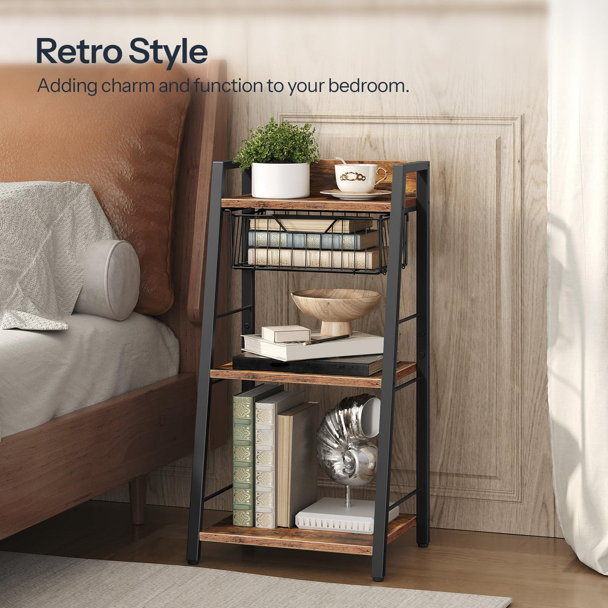 HOOBRO 3-Tier Ladder Shelf, Floor Standing Bookshelf, Storage Shelf with Drawer, Bookcase, Corner Bookshelf, Space Saver, for Bathroom, Living Room, Study, Office, Rustic Brown and Black BF09CJ01 HOOBRO