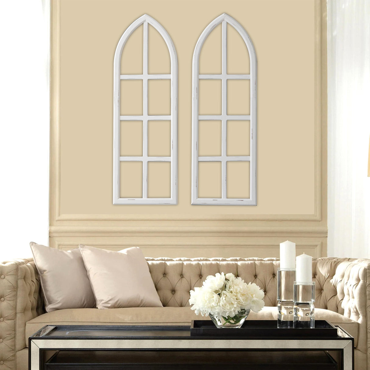 Sintosin Hanging White Wood Arched Window Frame Set of 2, Handmade Distressed Finish Rustic Window Frame Wall Decor, Farmhouse Faux Window Frame Living Room Dining Room Enteyway Hallway Bedroom Sintosin