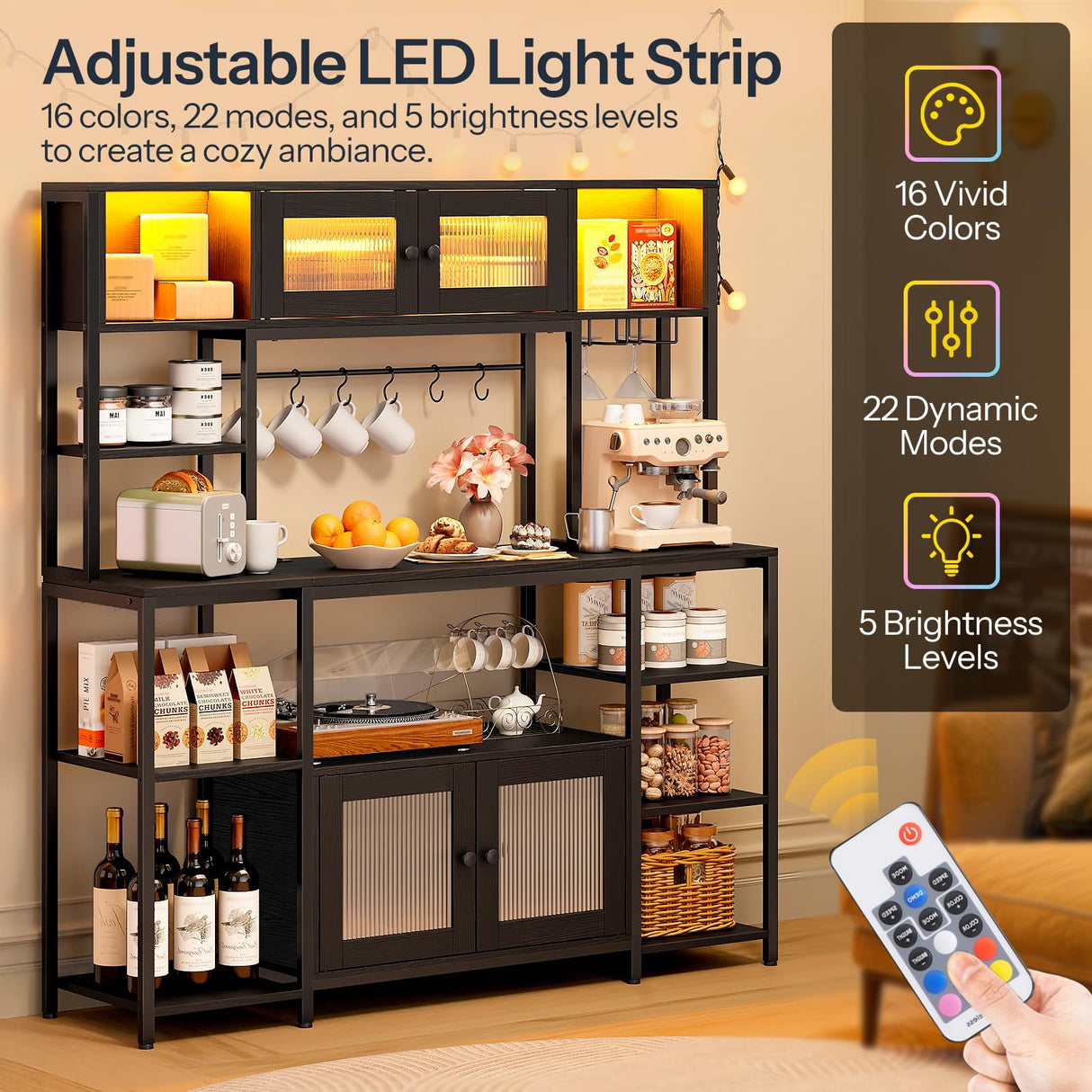 HOOBRO Bakers Rack with Power Outlet and LED Light, 59.1'' Industrial Microwave Stand, Coffee Bar Cabinet with Storage, Goblet Holder & 6-S Hooks, Kitchen Storage Shelf with Cabinet, Black BB17UDHB01 HOOBRO