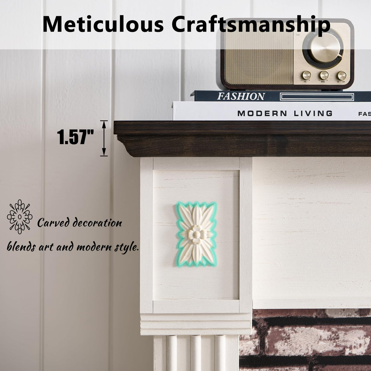 43" Electric Fireplace with Mantel, Electric Fireplace Heater, TV Stand w/Freestanding Electric Fireplace, Stacked Stone Surround, Remote Control, Adjustable Flame Level for Living Room (White) Aitjunz