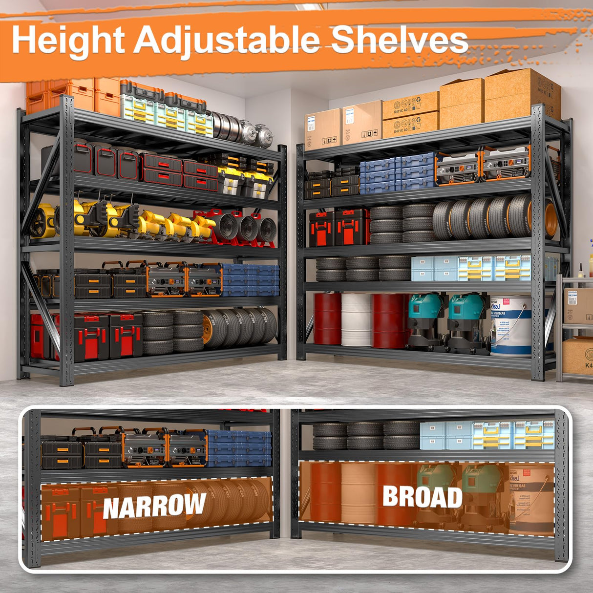 63" W Heavy Duty Garage Shelving, 6000LBS Garage Storage Shelves Industrial Shelving Unit, 5 Tier Adjustable Metal Shelving for Basement, Shop, Warehouse, 63" W x 24" D x 71" H Umeiga