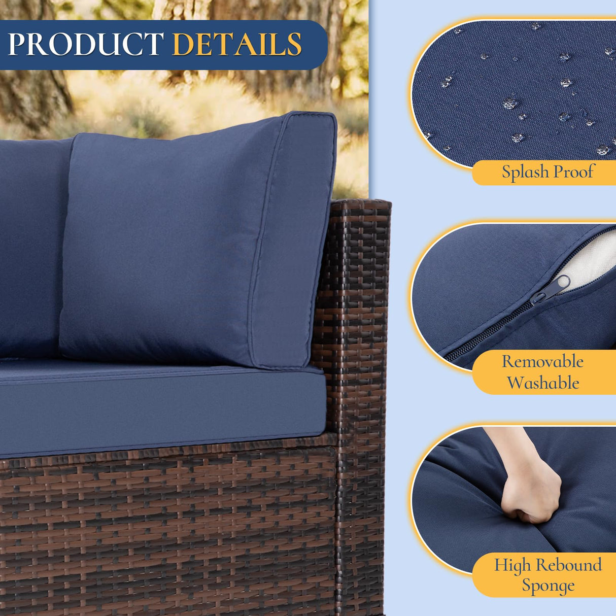 FHFO 7 Piece Outdoor Wicker Patio Furniture Set, Rattan Sectional Sofa Couch, Patio Conversation Set with Cushion & Coffee Table, for Backyard Poolside Porch Garden, Brown-Blue FHFO