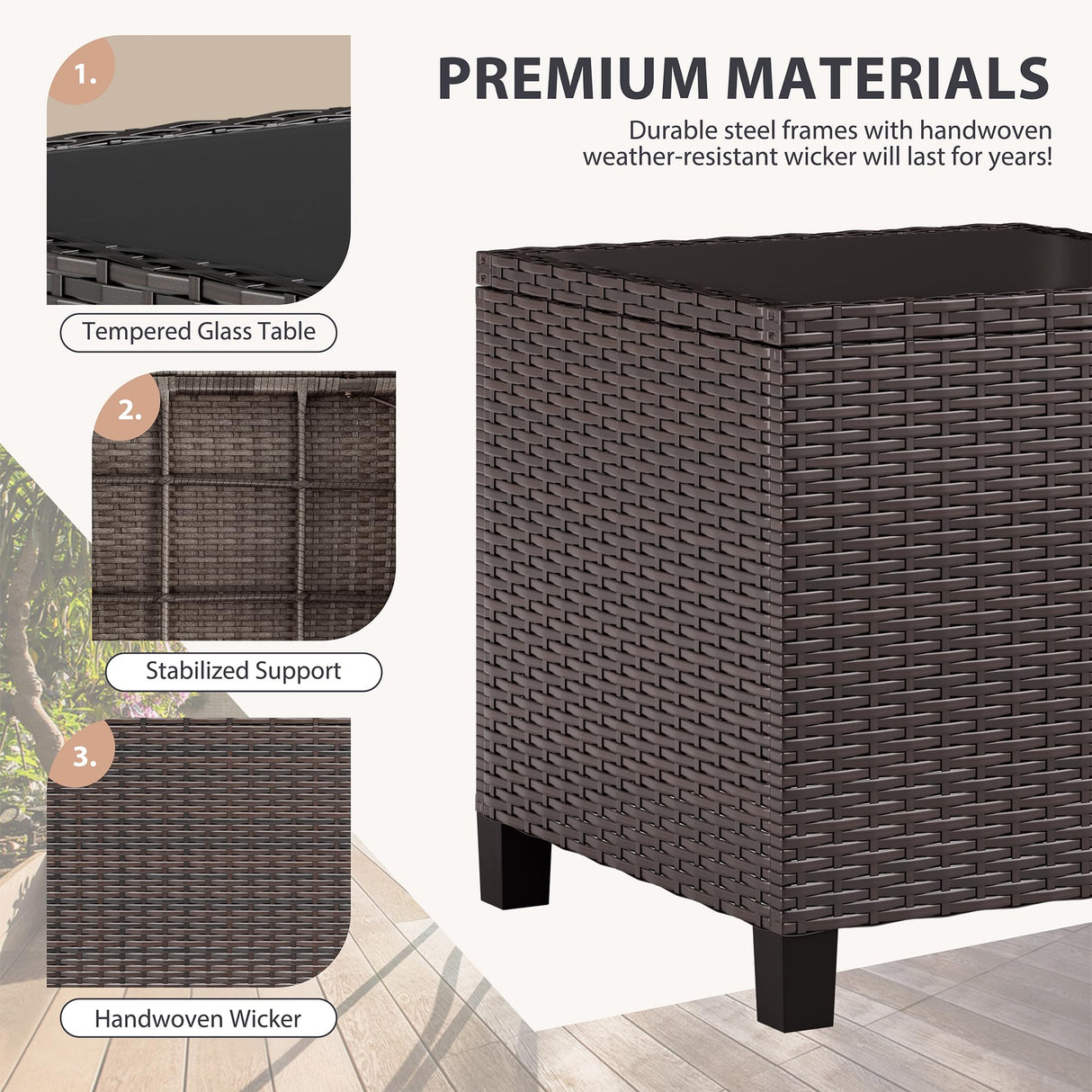 Vongrasig 3 Piece Patio Furniture Set Small Outdoor Wicker Rattan Front Porch Bistro Set Cushioned Patio Chairs Conversation Set with Glass Table for Lawn, Garden, Backyard, Balcony, Poolside (Beige) Vongrasig