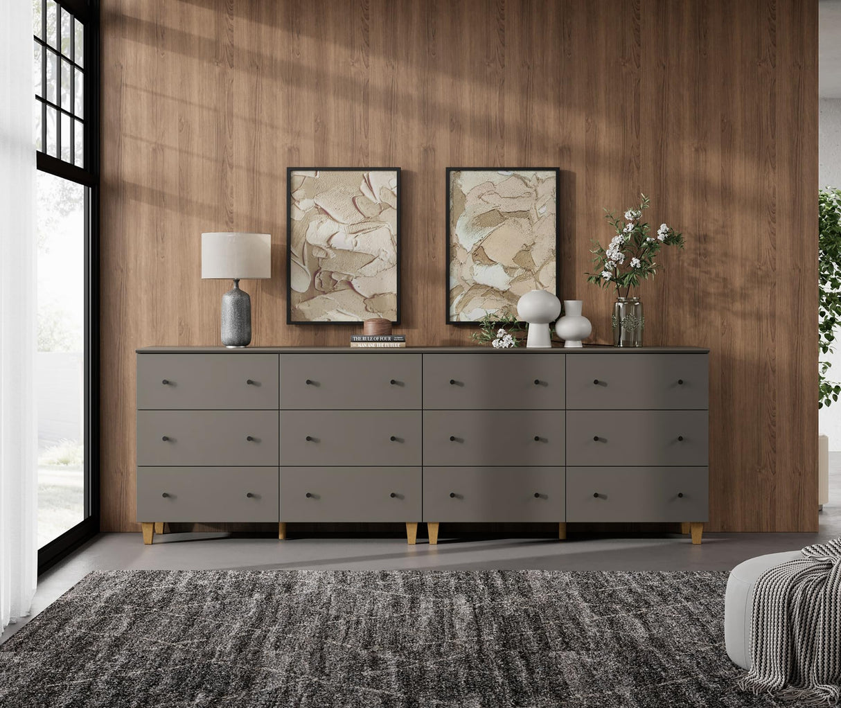 WAMPAT 12 Drawers Dresser Chest for Bedroom, 2-in-1 Modern Wood Closet Storage Organizer Furniture with Black Knobs & Solid Legs for Kids Room, Nursery, 94.4x15.3x32.4, Dark Grey WAMPAT