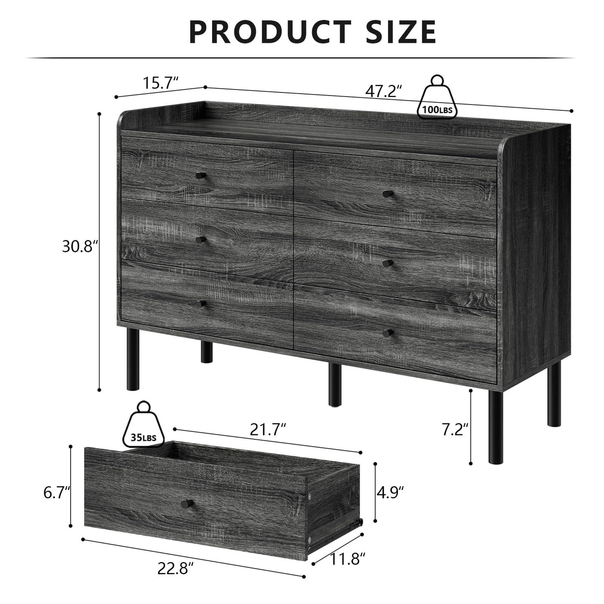 LYNSOM Dresser for Bedroom, 6 Drawer Grey Dresser with Wide Drawer and Metal Handles, Modern Dressers & Chests of Drawers for Hallway Entryway LYNSOM