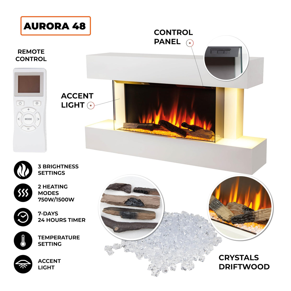 FIREBLAZE Aurora 48” 3-Sided Electric Fireplace with Wall Mount Floating White Mantel Surround 48 inch Wide, Wall Hanging or Freestanding, Heater, Remote Control, Timer and Overheating Protection FIREBLAZE Where Warmth Begins