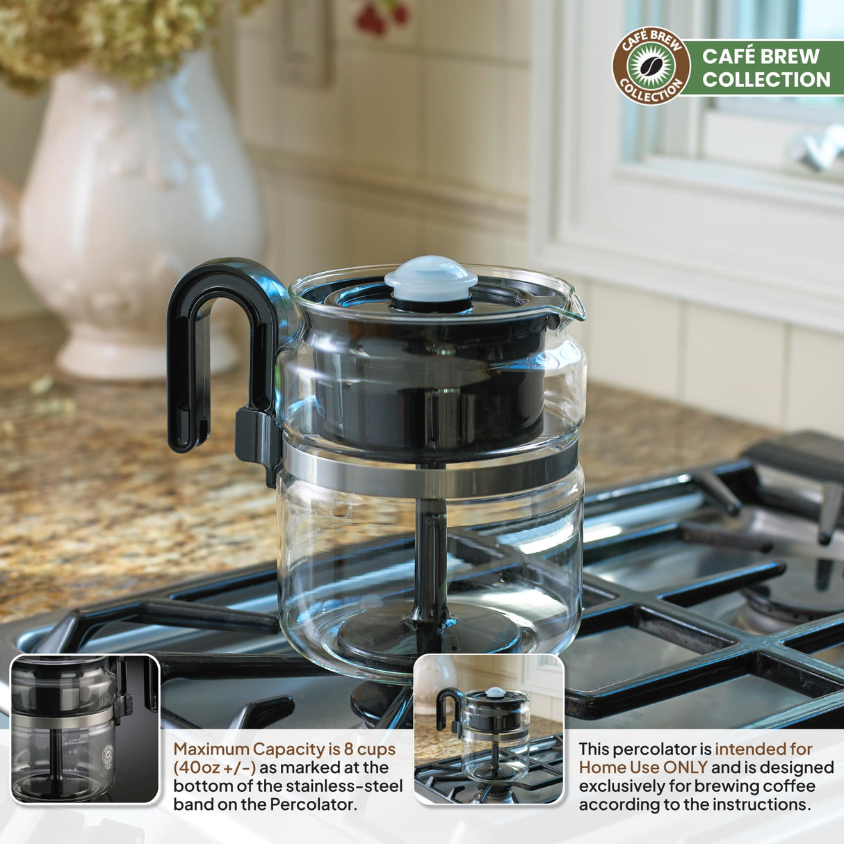 Café Brew Collection 8-Cup Glass Stovetop Percolator Coffee Pot - Borosilicate Glass Coffee Percolator - BPA Free - Dishwasher Safe - Brewing on Electric and Gas Ranges CAFÉ BREW COLLECTION
