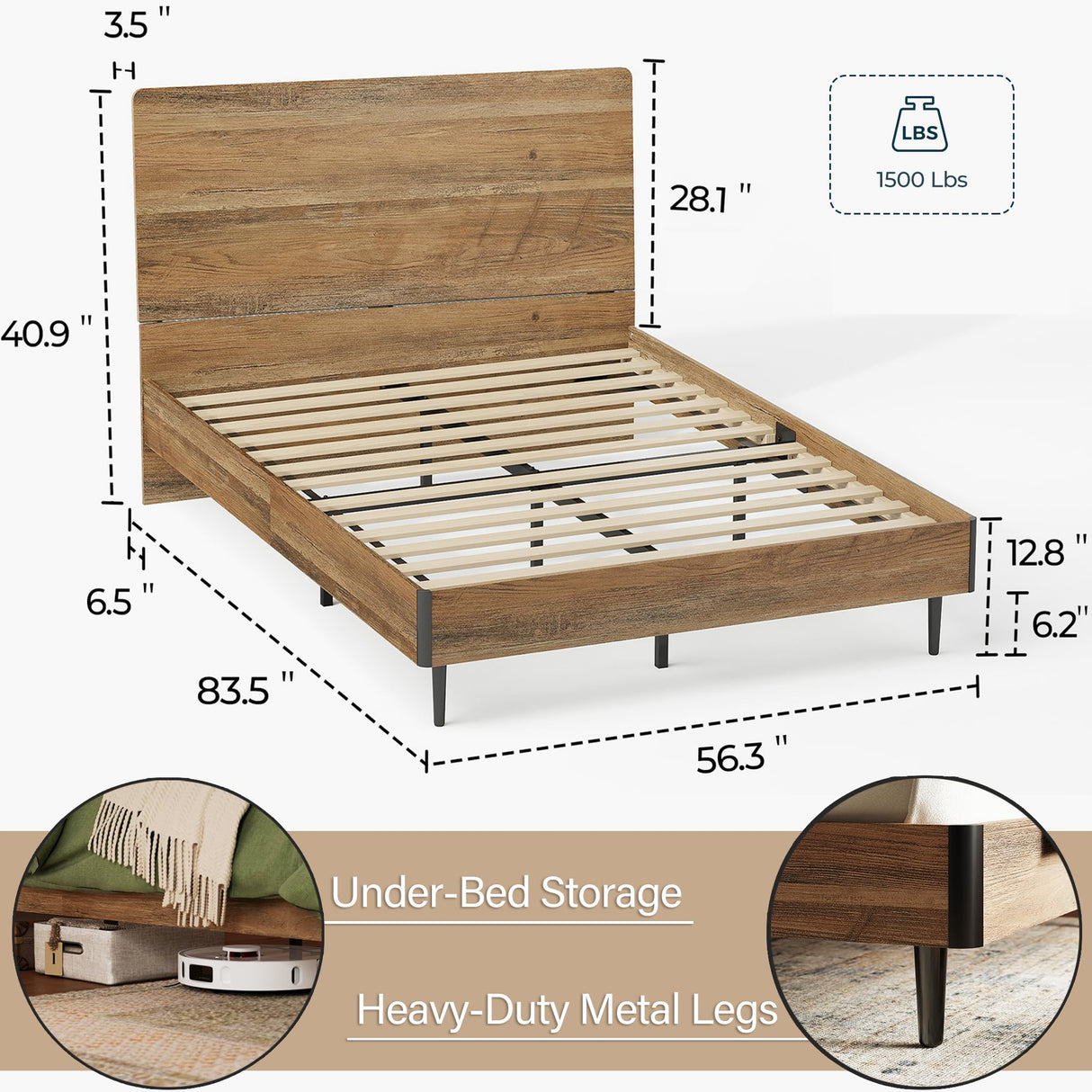 LINSY Wood Bed Frame, Full Bed Frame with Headboard LED, Wooden Platform Frames with Charging Station, No Box Spring Needed, Easy Assembly, Rustic Brown LINSY