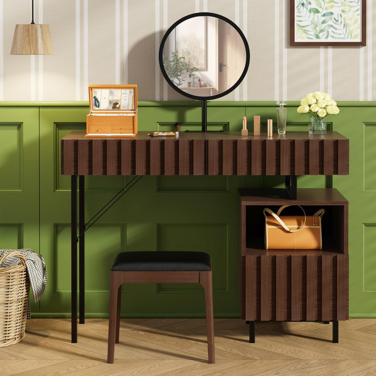 UEV Wood Vanity Desk with Mirror,Makeup Vanity Set with Drawer Chest,Vanity Dressing Table Makeup Desk Set with Storage Space for Bedroom(Brown) UEV