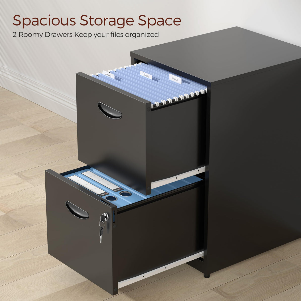 Kubohogar 2 Drawer File Cabinet with Lock,Black Metal Filing Cabinets,Vertical Locking File Cabinet Fit Hanging Files, Letter,File Box and A4 Documents (Black) Kubohogar