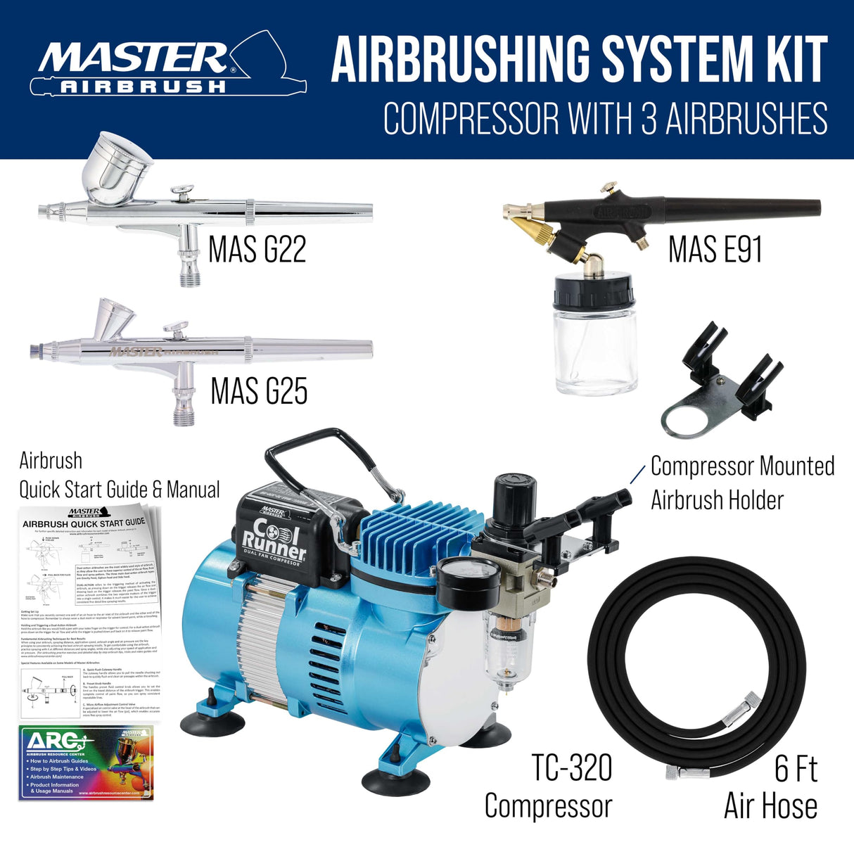 Master Airbrush Cool Runner II Dual Fan Airbrushing System Kit - Air Brush Kit with Air Compressor & 3 Airbrushes, 0.2, 0.3 mm Gravity & 0.8 mm Siphon Feed, Holder & Learning Guide Manual Master Airbrush