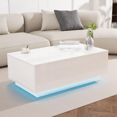 holzart 41" LED Coffee Table with 2 Drawers - High Gloss White Modern Table with Lighting for Living Room (41.33" W x 23.62" D)