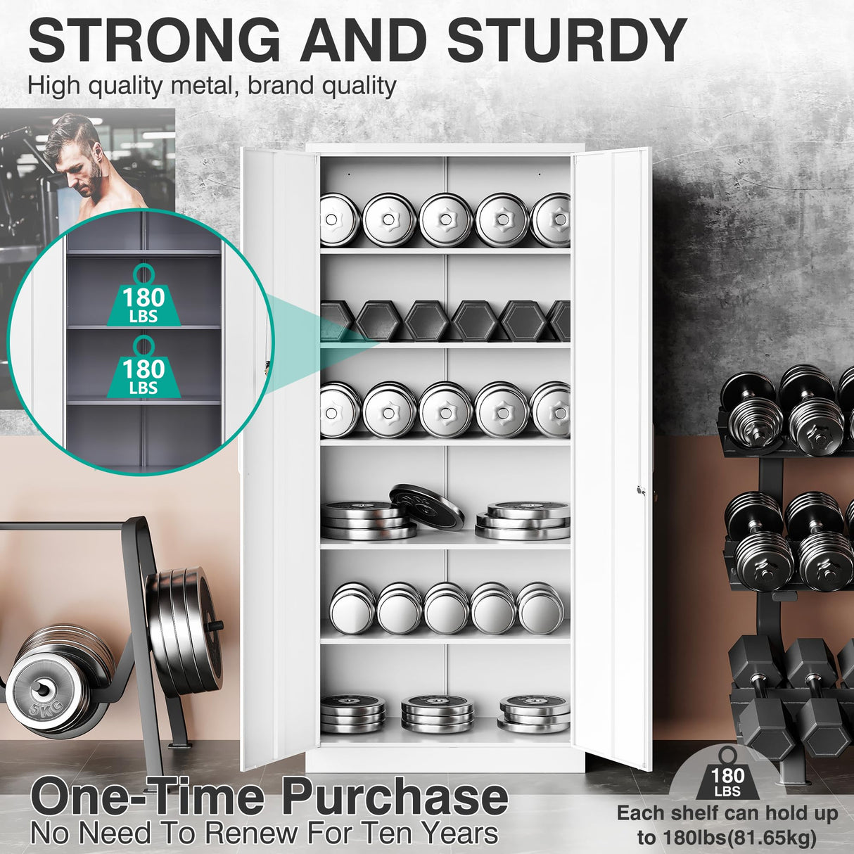 SISESOL Metal Garage Storage Cabinet with Doors and Shelves, 71" Multifunctional Garage Storage Closet Large Garage Locker with Adjustable Shelves & Locking Doors Steel Storage Tall Cabinet (White) SISESOL