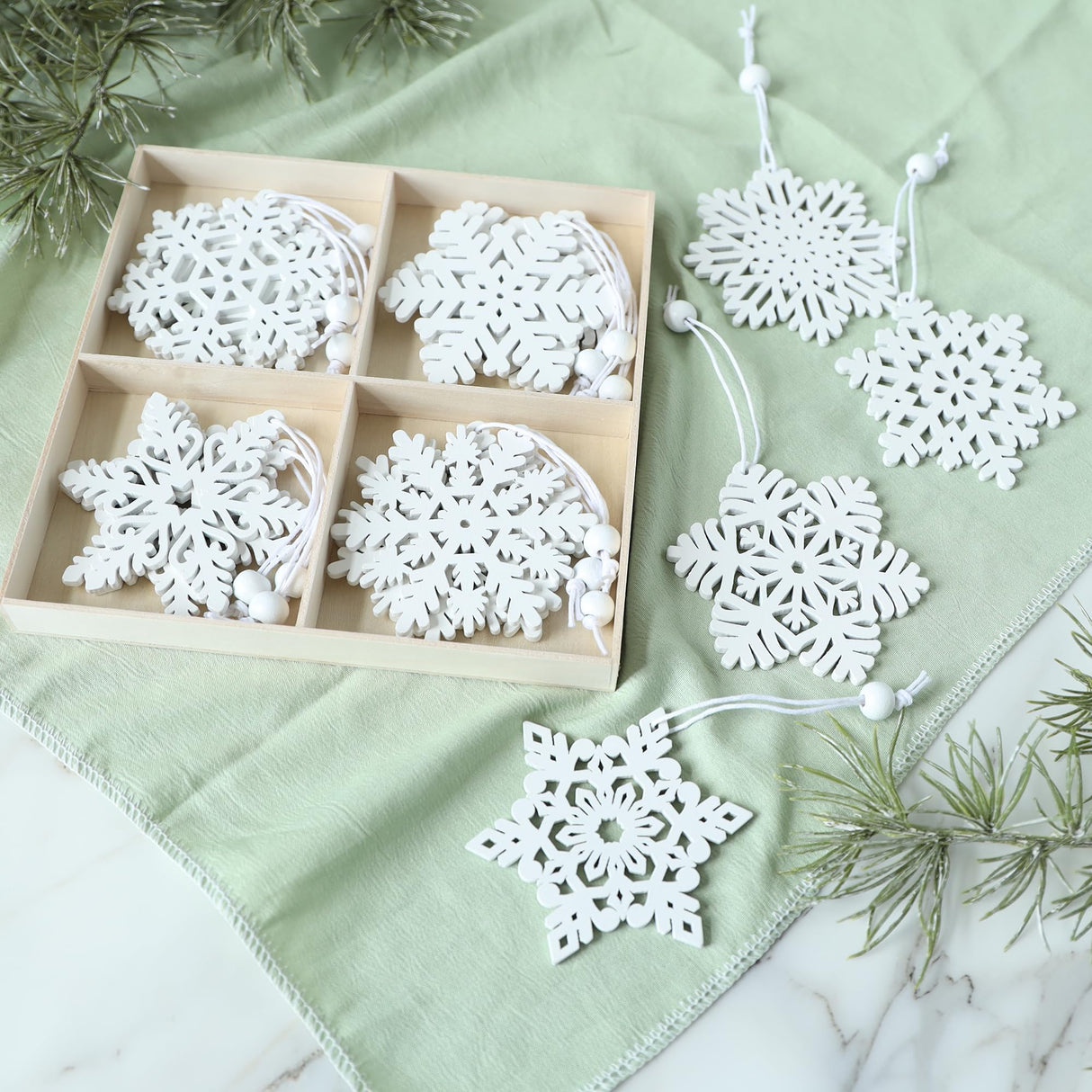 16 Pieces White Snowflakes Ornaments 3inch Wooden Snowflake Christmas Ornament for Winter Home Tree Garland Christmas Decoration Holiady Crafts 8 Styles HUADODO