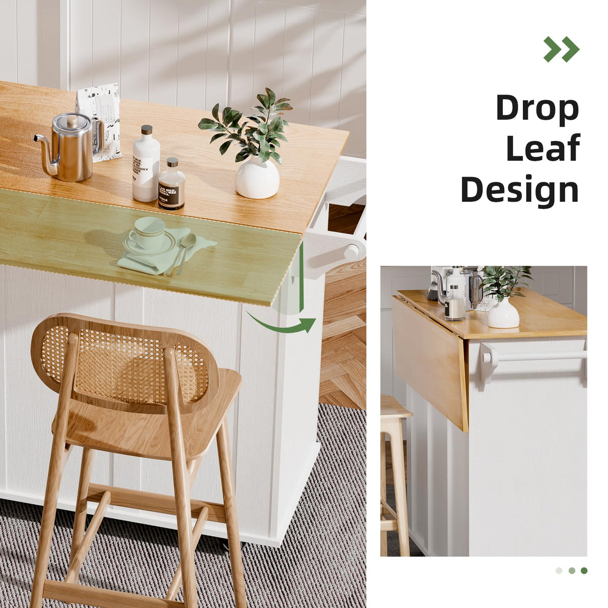 infurnic Kitchen Island with Storage, Rolling Kitchen Island Cart with Drop Leaf, Storage Drawers, Spice Rack, and Towel Rack for Kitchen and Dining Room, White infurnic