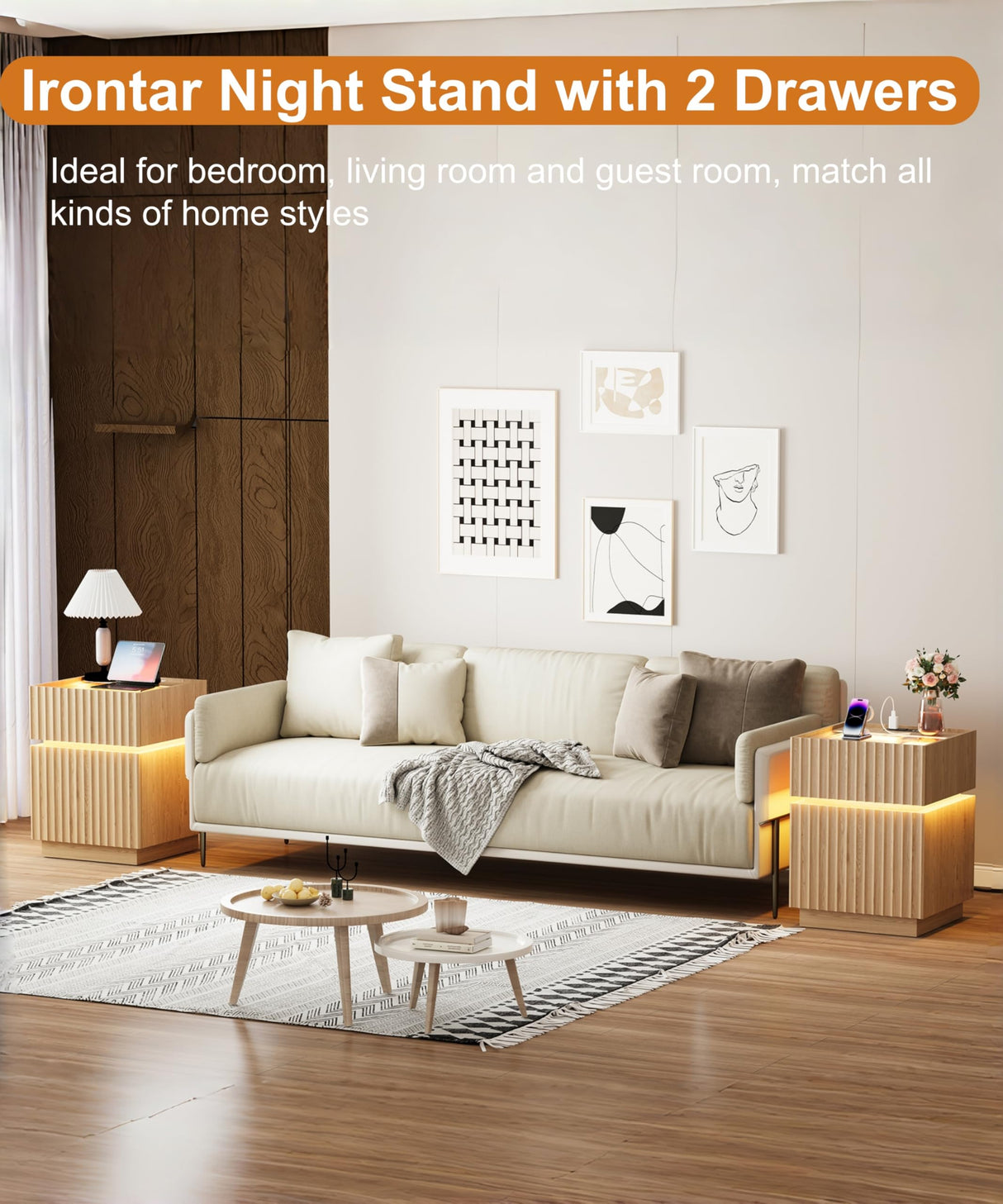 Irontar Fluted Nightstand with 2 Drawers & RGB LED Lights, Wooden Night Stand with Glass Top, Bedside Table with Charging Station, Modern End Side Table for Bedroom, Natural Oak BZZ012ME Irontar