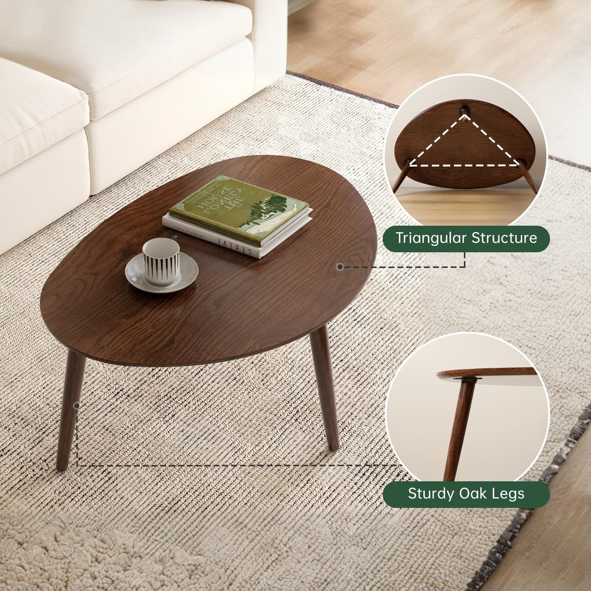 Wayshome Small Oval Coffee Table, Mid Century Modern Coffee Table for Living Room, 100% Solid Oak Wood Side Table End Tables for Home (Walnut Wood Color, 33.46''x22.83''x15.74'') Wayshome