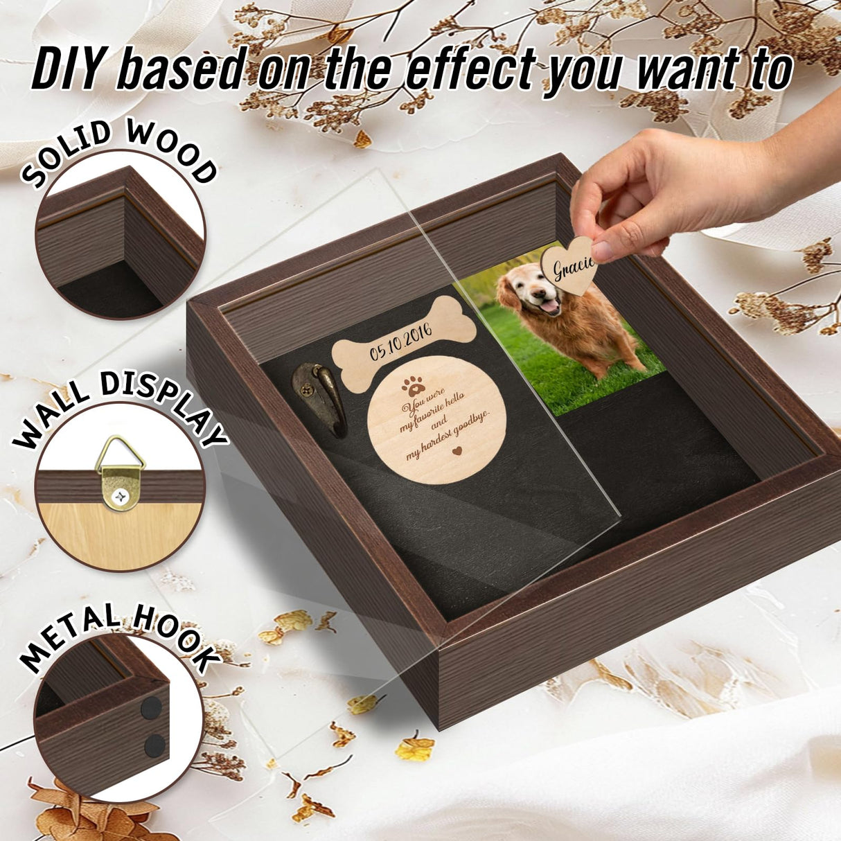 Pet Memorial Shadow Box for Dog Cat with Pet Paw Print Impression Kit, Dog Wood Picture Frame Memorial Gifts for Loss of Dog Pets Sympathy Gift PIPIONE