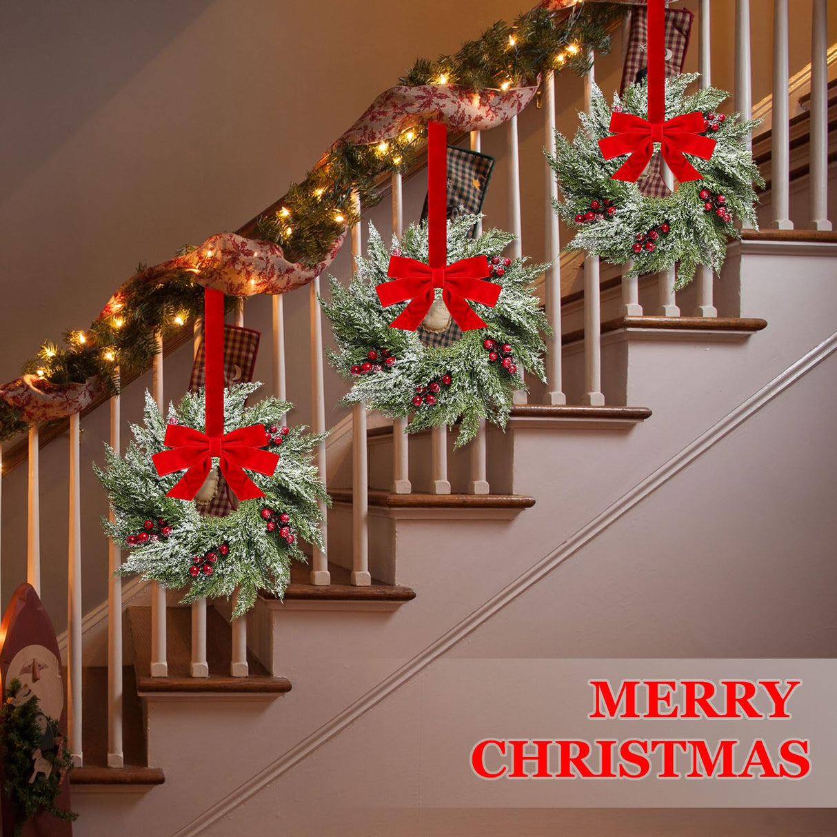 Barydat 18 Pcs Christmas Wreath Decorations Christmas Kitchen Cabinet Wreaths with Red Ribbon Mini Wreaths Farmhouse Decoration Artificial Hanging Garlands for Christmas Front Door Window Chair Wall Barydat