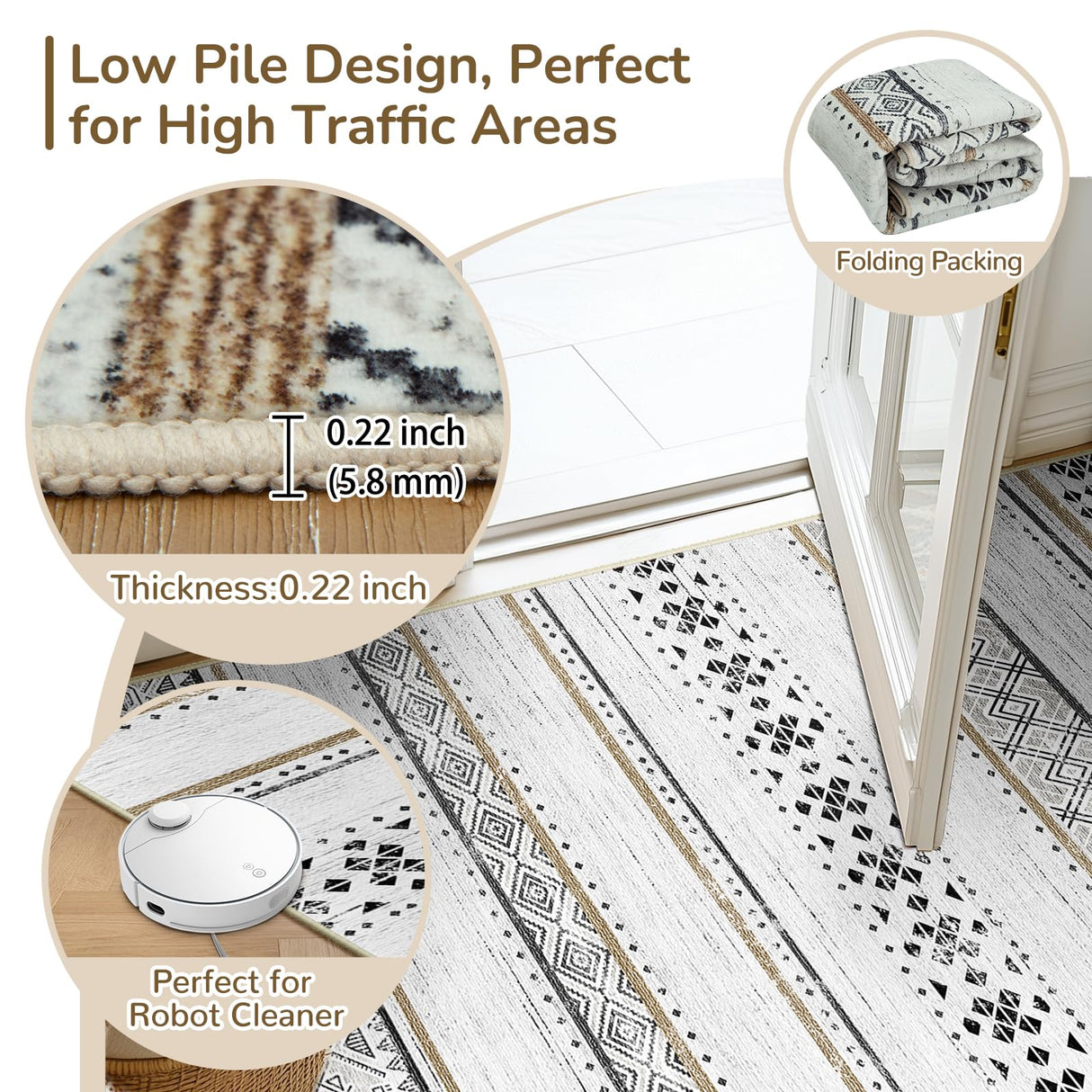 BESTSWEETIE 5x7 Area Rugs for Living Room Washable Moroccan Farmhouse Neutral Geometric Low Pile Non-Slip Soft Print Pattern Rug for Bedroom Kitchen Dining Room Entryway Black/Brown BESTSWEETIE