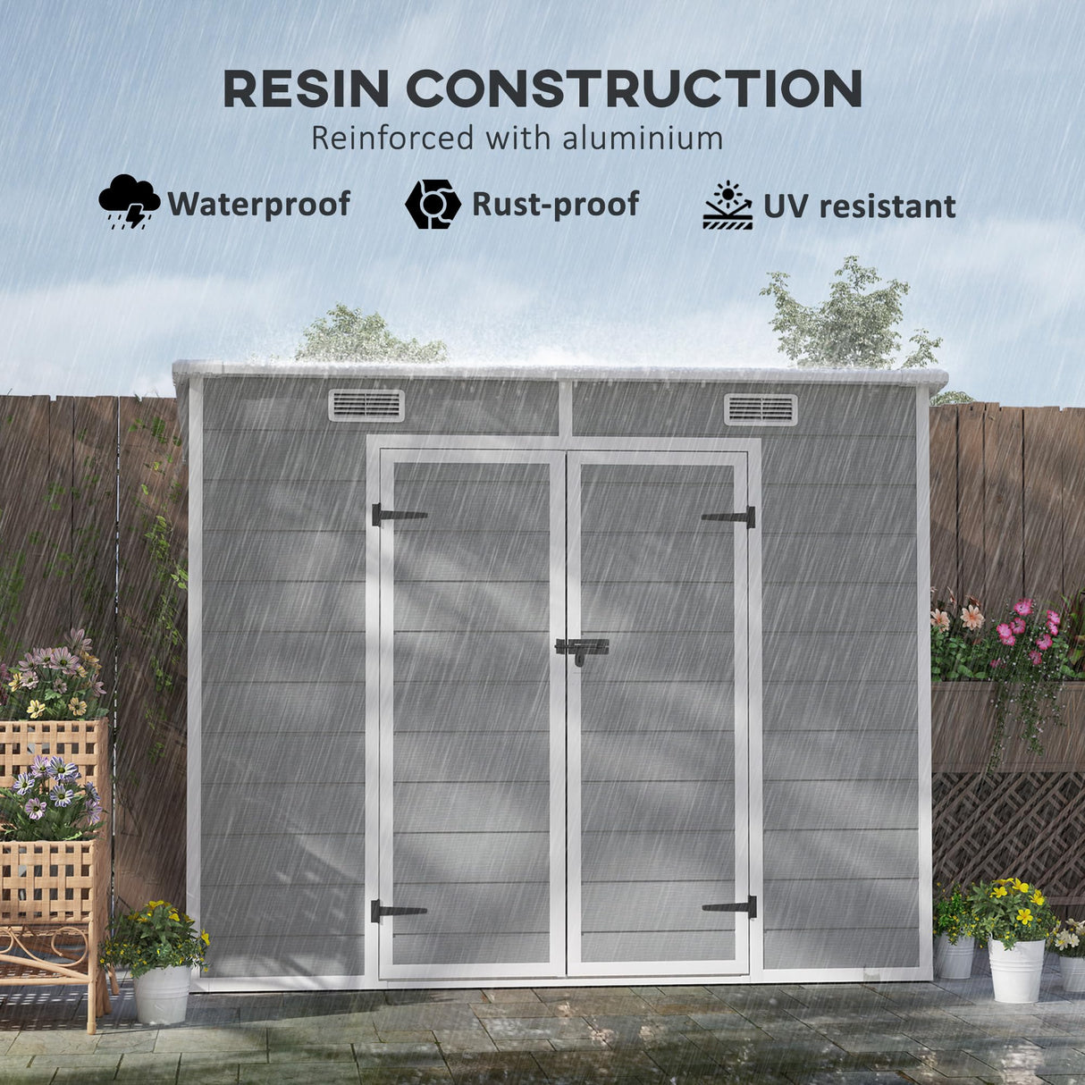 Outsunny 8' x 4' Outdoor Storage Shed, Resin Plastic Shed with Floor, Window, Lockable Doors and Vents, All-Weather Tool Shed for Backyard, Patio, Lawn, Gray Outsunny