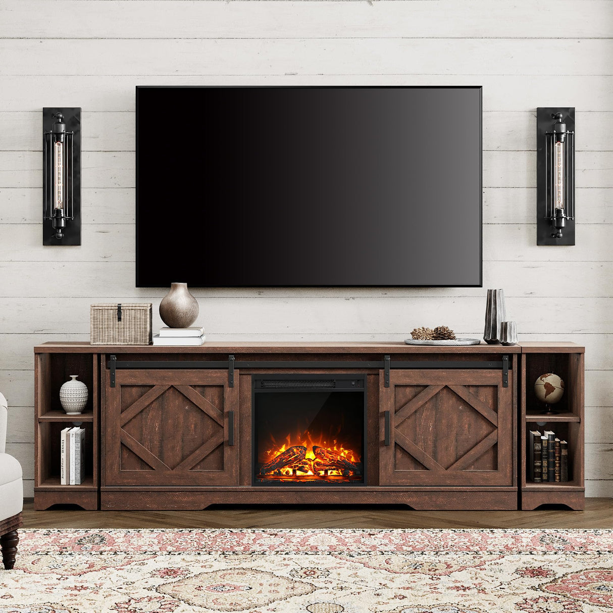 WAMPAT Modern Farmhouse TV Stand with Fireplace for TVs Up to 95 in, Wood Entertainment Center with 18" Fireplace, Sliding Barn Door and Storage Shelves for Living Room, Rustic Brown WAMPAT