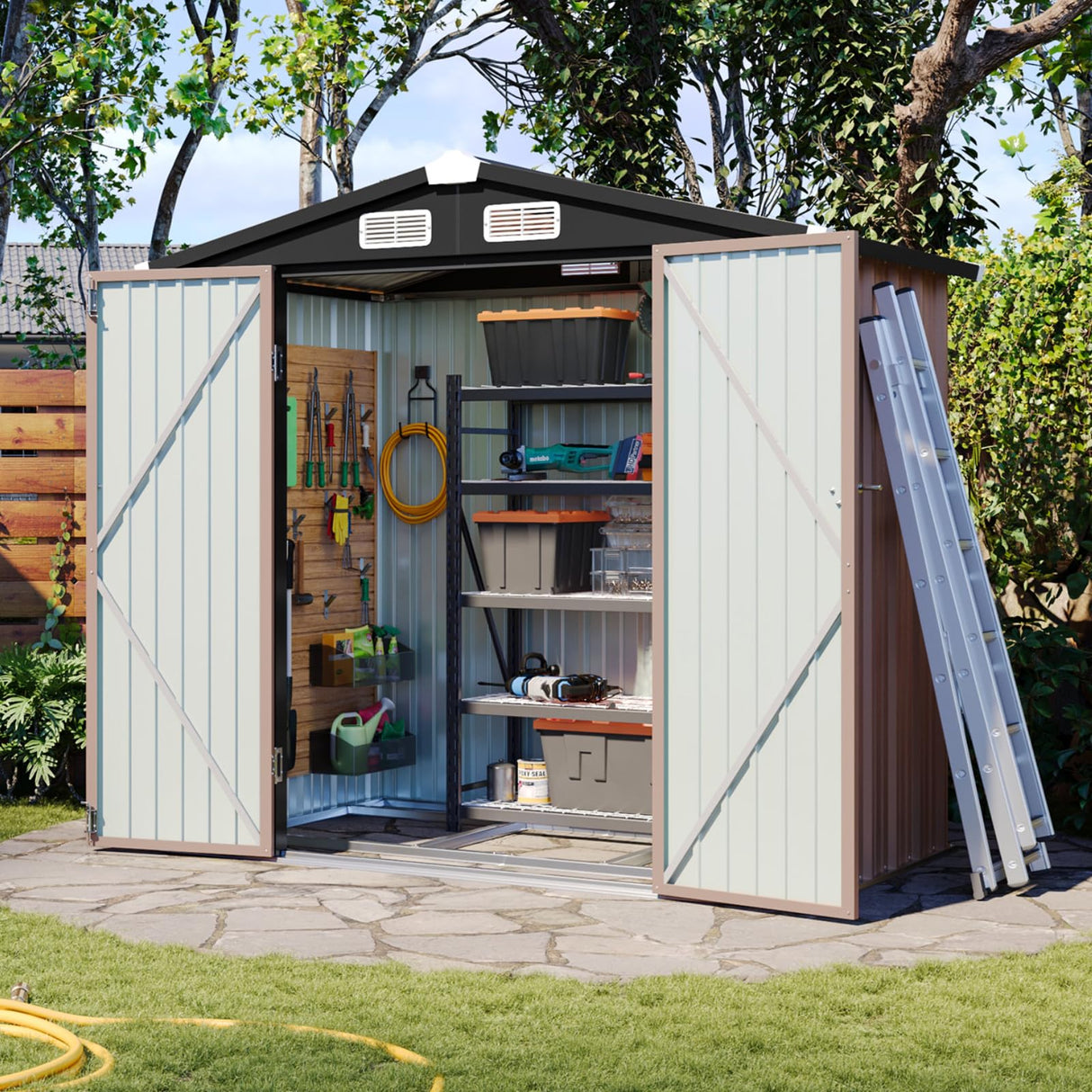 Aoxun 6x3.9 FT Shed with Base Metal Outdoor Storage Shed Garden Shed with Lockable Doors Tool Shed Bike Shed for Backyard, Patio, Poolside (Brown) Aoxun