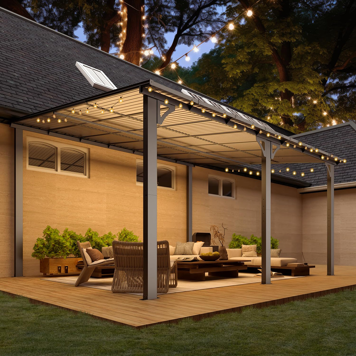 AECOJOY 14' x 12' Gazebo Outdoor Pergola for Patio, Large Wall-Mounted Hard Top 12x14 Lean to Metal Gazebo Shelter Pergolas and Gazebos Clearance with Patio Roof, Heavy Duty Awnings for Patio, Decks AECOJOY