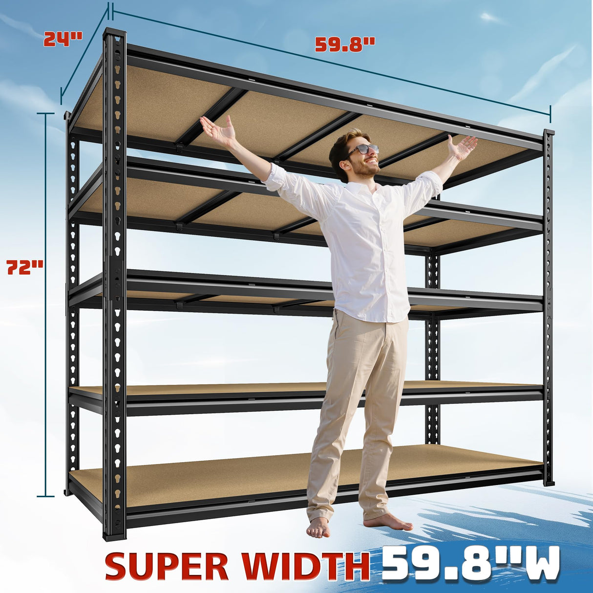 DurayLoly 59.8"W Garage Shelving 72"H Storage Shelves 2750LBS Metal Shelving Heavy Duty Garage Shelves Adjustable 5 Tier Metal Shelf for Basement Warehouse Pantry Supermarket 59.8"W x 24"D x 72"H DurayLoly