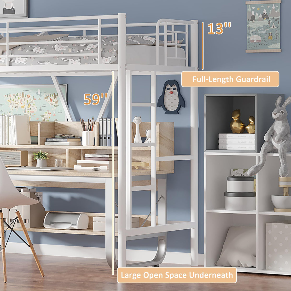 VECELO Twin Size Loft Bed with Full-Length Guardrails and Removable Ladder, Heavy-Duty Metal Frame, Space-Saving Design & Noise-Free, White VECELO