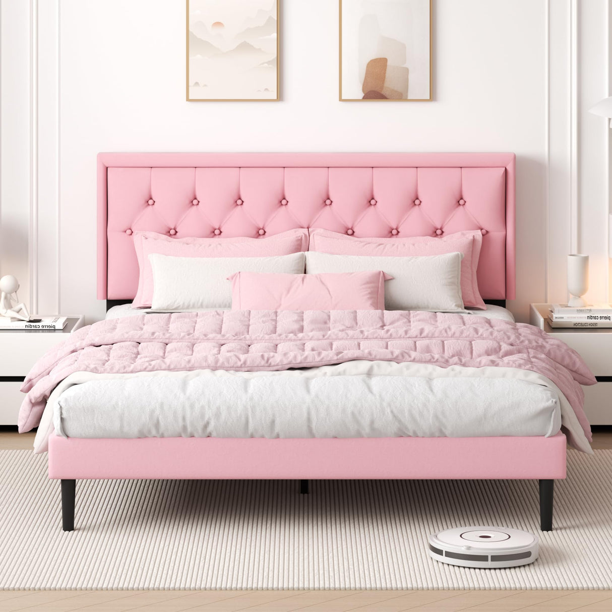 CXVX King Size Platform Bed Frame with Upholstered Velvet Button Tufted Headboard, Mattress Foundation with Wooden Slat Support, No Box Spring Needed, Easy Assembly, Noise Free, Pink CXVX