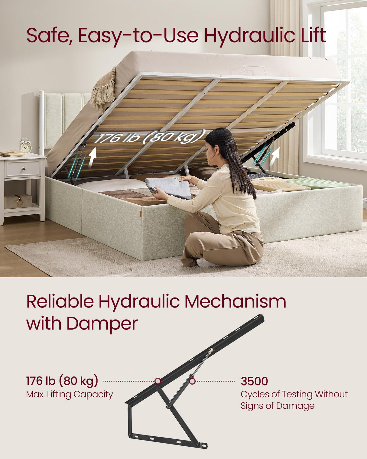 VASAGLE Lift Up Storage Bed Frame King Size, Hydraulic Platform Bed, with Upholstered Headboard, 1100 lb Weight Capacity, No Box Spring Needed, Easy Assembly, Modern, Cappuccino Beige URMB604W01V1 VASAGLE