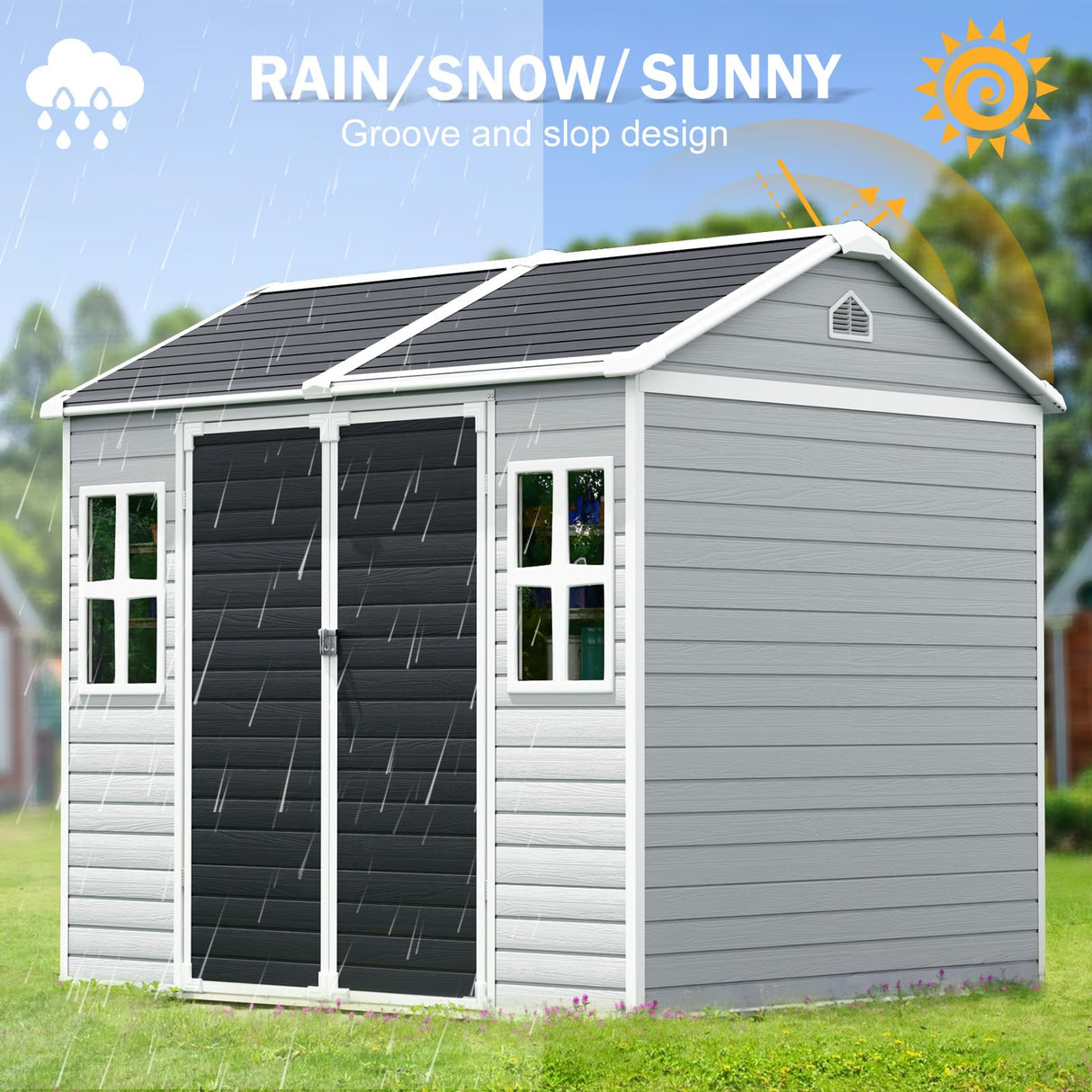 CDCASA 8x6 FT Resin Storage Shed, Waterproof Large Outdoor Shed with Floor & Lockable Door & 2 Windows, Vent, Plastic Tool Shed for Outside, Backyard, Patio, Poolside, Bike, Dove Grey CDCASA