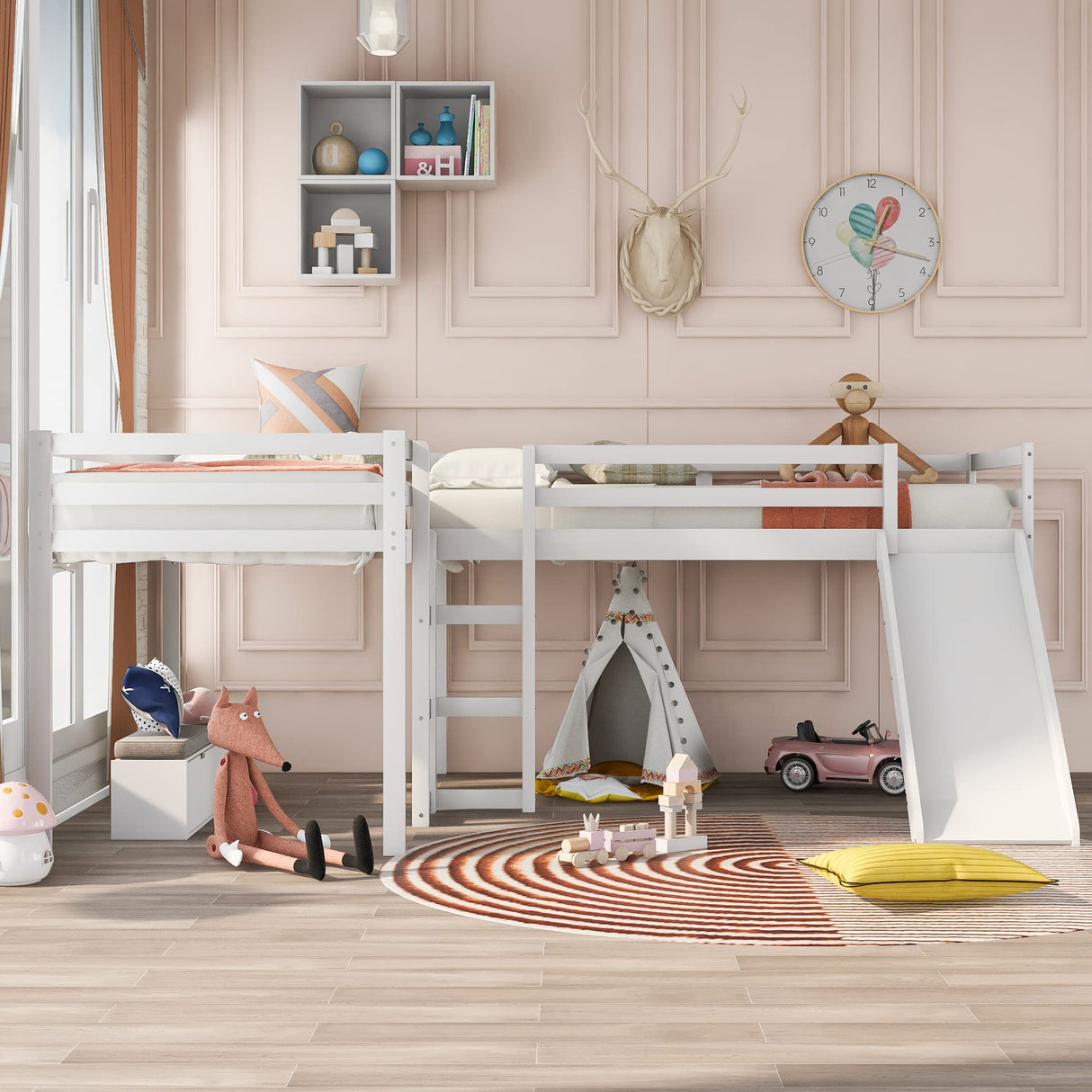 Harper & Bright Designs L-Shaped Loft Bed with Slide, Two Kids loft Bed Built-in Ladders, Wood Twin Loft Bed for Living Room Bedroom (White,Twin loft Bed) Harper & Bright Designs