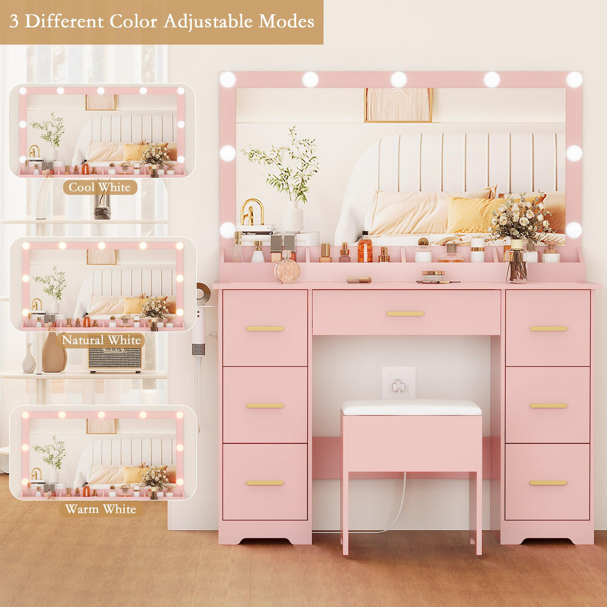 Makeup Vanity Desk with RGB LED Lights,Glass Top Vanity Desk with Mirror and Lights & Charging Station, 5 Drawers Vanity Mirror with Lights Desk and Chair for Women 3 Lightings Mode Adjusted, Pink HUANLEGO