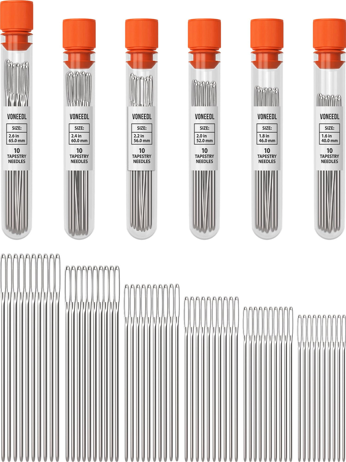 VONEEDL Large Eye Blunt Tapestry Needles (Pack of 60) - 6 Sizes with 6 Storage Tubes - Perfect for Darning, Embroidery, Cross-Stitching, Needlepoint, Crafting, Knitting, Weaving, and DIY VONEEDL