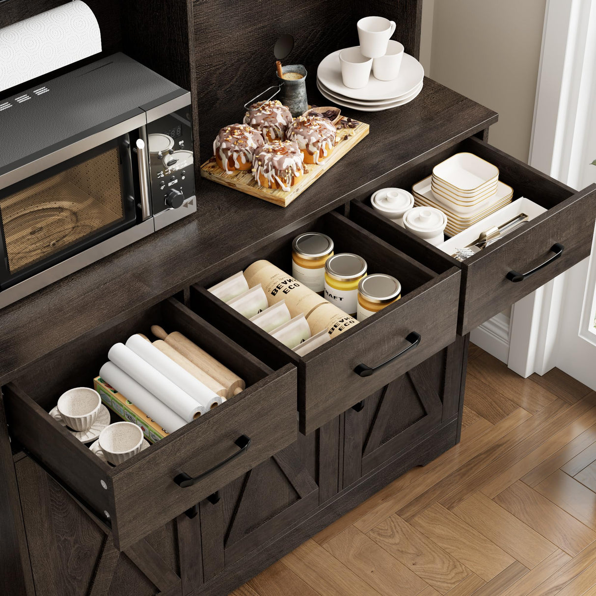 HOSTACK Buffet Cabinet with Hutch, Modern Farmhouse Kitchen Buffet Sideboard Storage Cabinet with 3 Drawers, Barn Door Coffee Bar Station, Liquor Cabinet for Dining Room, Living Room, Dark Brown HOSTACK