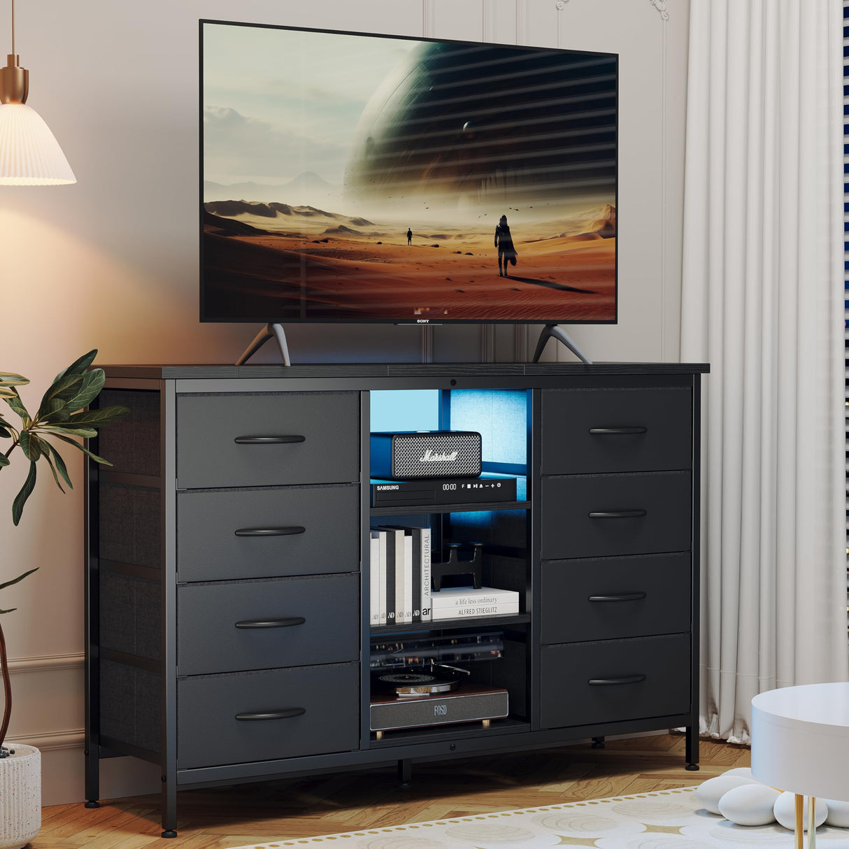 COTUBLR Fits 55" TV Stand Dresser for 50 55 60 Inch TV Dresser TV Stand with Power Outlets & LED Lights & 8 Drawers Dresser with PU Finish, 47 Inches TV Console with Open Shelves, for Bedroom COTUBLR