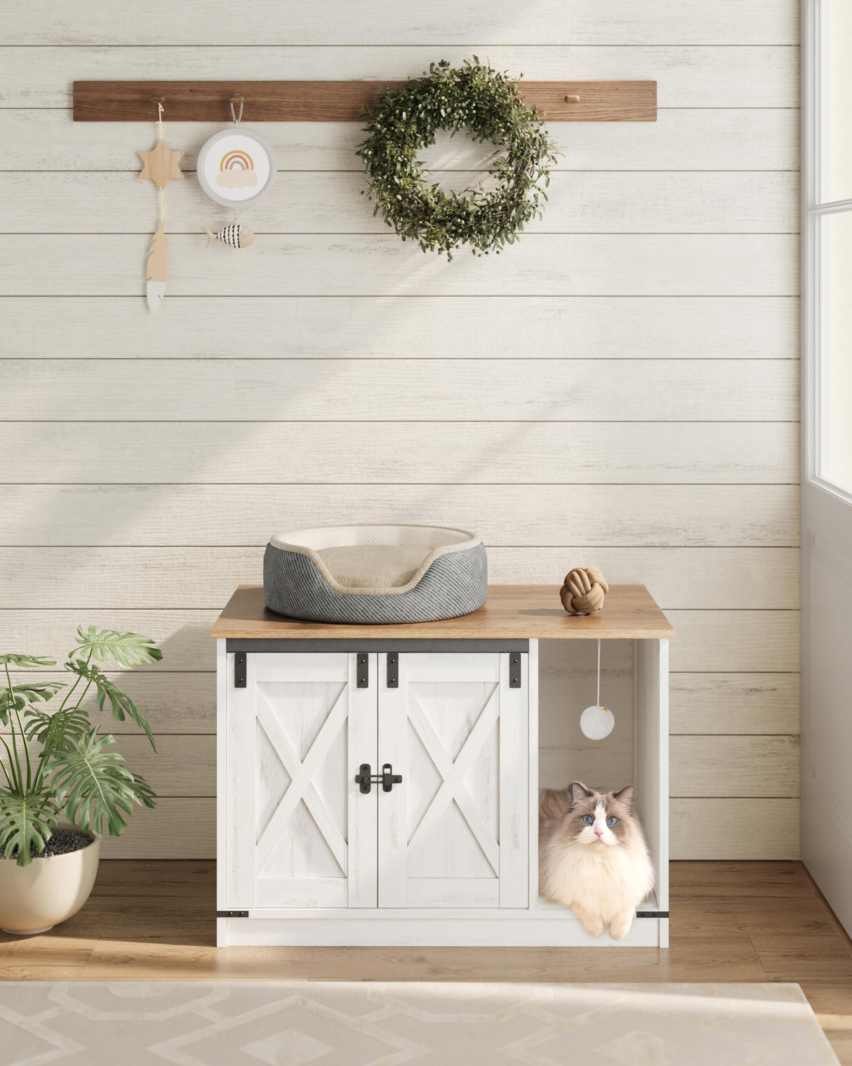 Hzuaneri Cat Litter Box Enclosure, Hidden Litter Box Furniture with Cat Bell, Indoor Cat House, Farmhouse Style, 31.5 x 20.9 x 19.7Inches, for Hallway, Bedroom, Rustic White and Brown CB82414X Hzuaneri