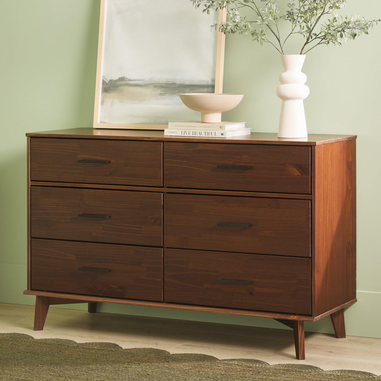 Modern Solid Pine Wood 6-Drawer Dresser with Metal Handles and Generous Storage Space, Walnut Finish Walker Edison