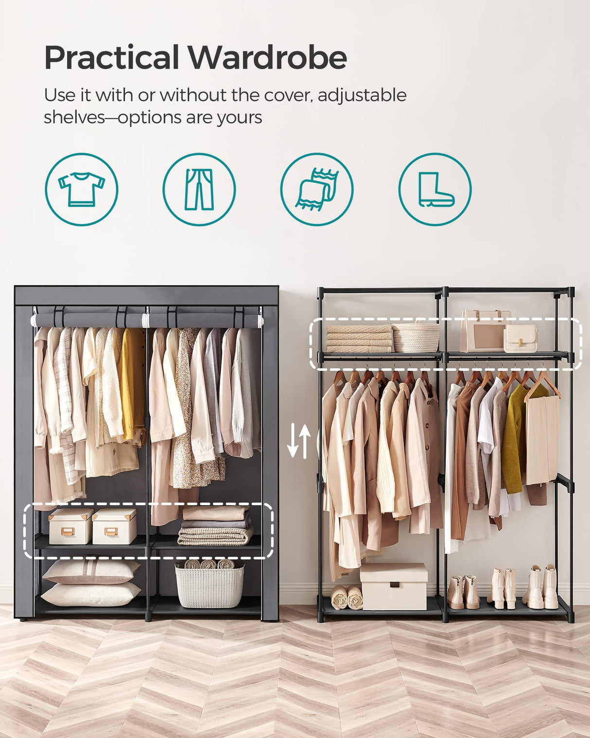 SONGMICS Closet Wardrobe, Portable Closet for Bedroom, Clothes Rail with Non-Woven Fabric Cover, Clothes Storage Organizer, 55.1 x 16.9 x 68.5 Inches, Gray URYG02GY SONGMICS