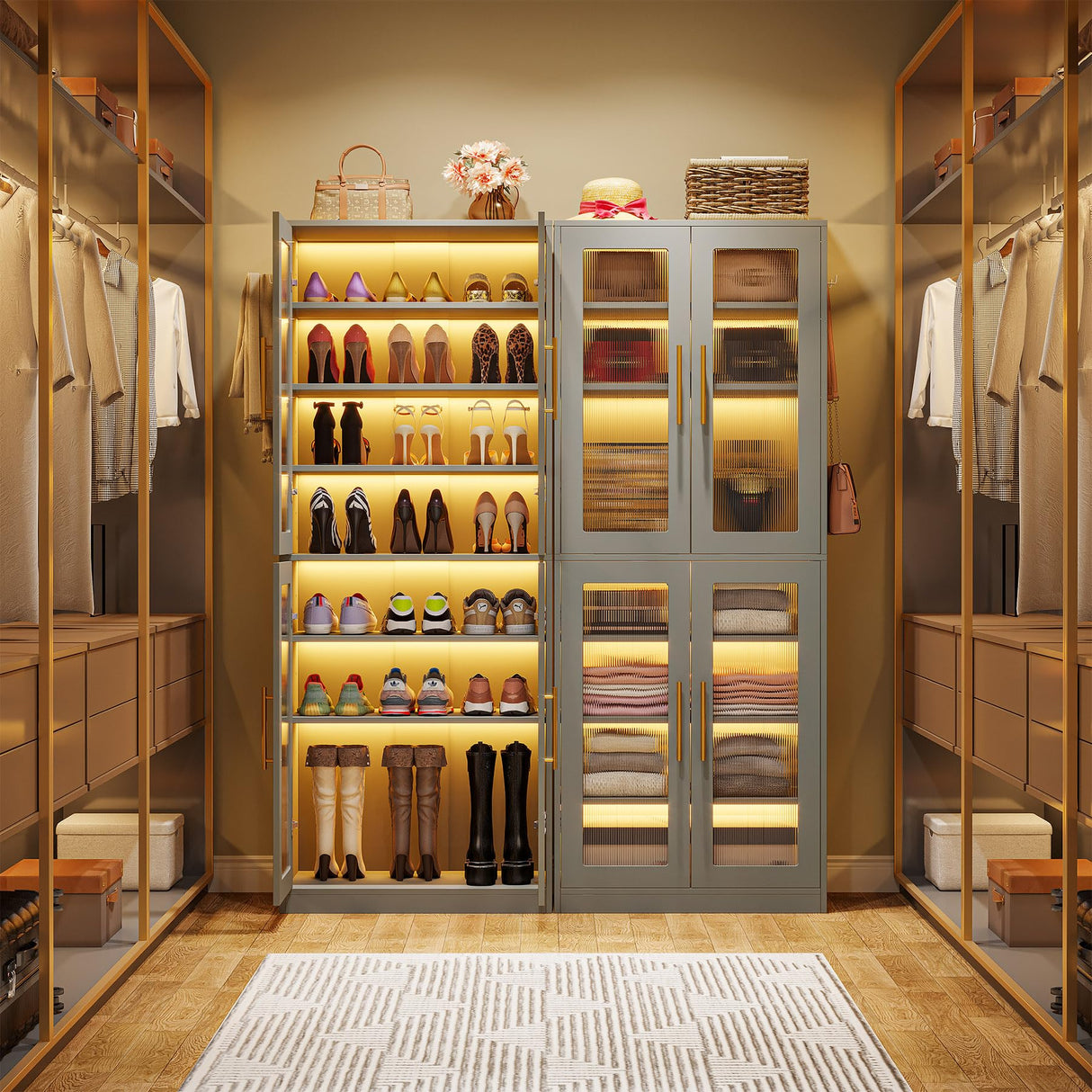 Tribesigns Tall Shoe Cabinet with Acrylic Doors and LED Lights, 8-Tier Entryway Shoe Organizer Storage Rack with Adjustable Shelves and Hanging Hooks for Narrow Closet, Hallway, Living Room, Gray Tribesigns