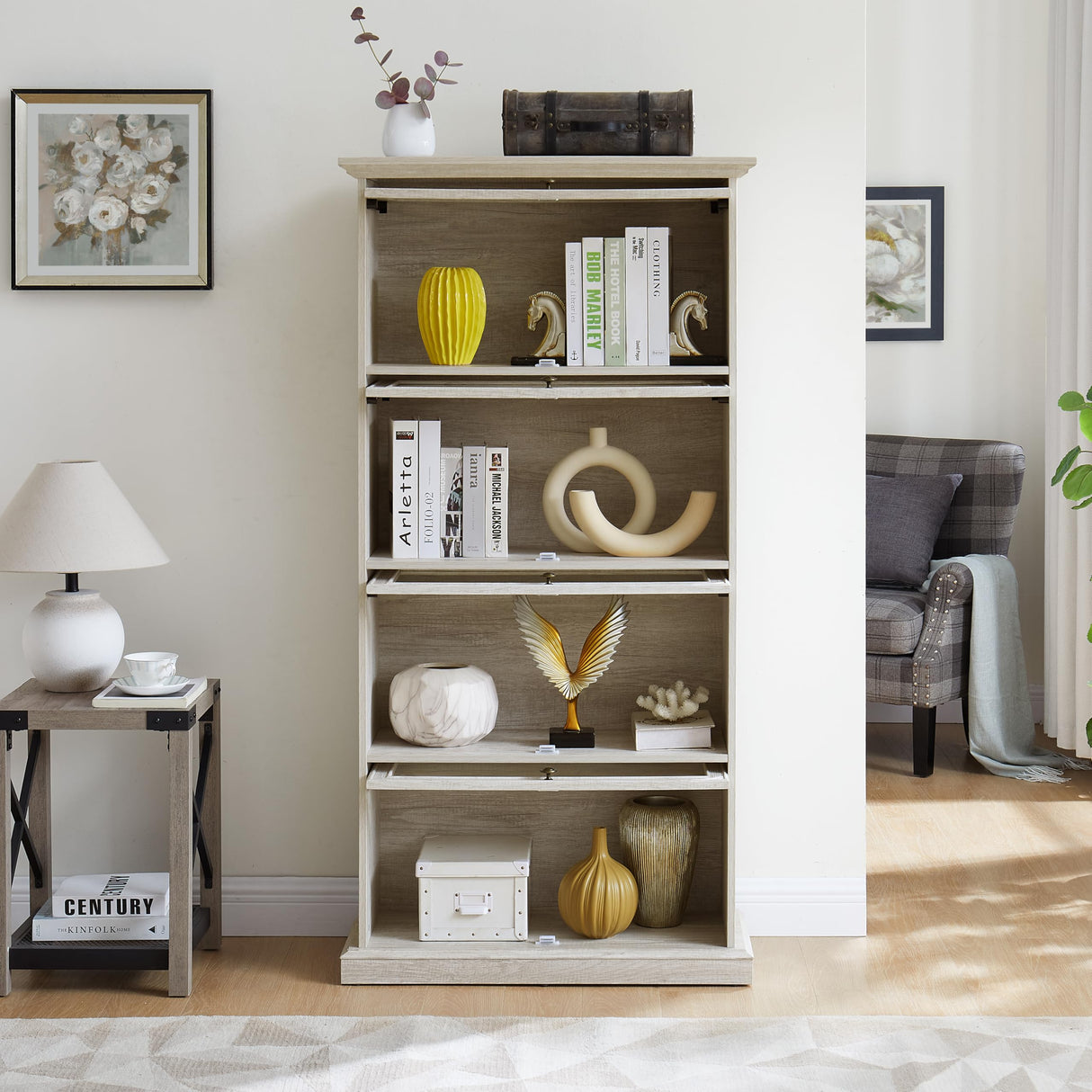 Heliodeck Tall Bookcase with Glass Doors, 63" H Farmhouse Glass Display Cabinet, 4 Tier Display Cabinet Storage Curio Cabinets, Bookcase for Living Room, White Heliodeck