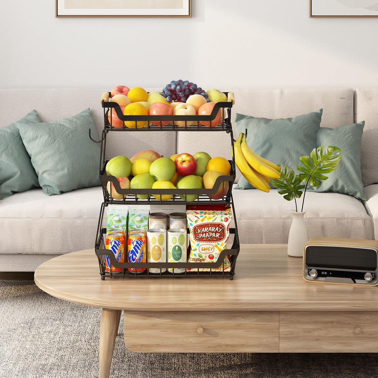 GILLAS 3 Tier Countertop Fruit Basket with 2 Banana Hangers for Kitchen, Detachable Metal Organizer for Bread Vegetable Fruits with Wooden Handle, Large Capacity Rectangular Storage Stand Bowls, Black GILLAS