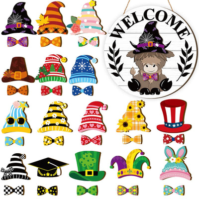 GlikCeil Interchangeable Highlands Cow Welcome Sign Seasonal Hanging Decor for Front Door Farmhouse Wall Outdoor Porch Decor for Fall Halloween Autumn Thanksgiving All Seasons Holiday(White Grain)