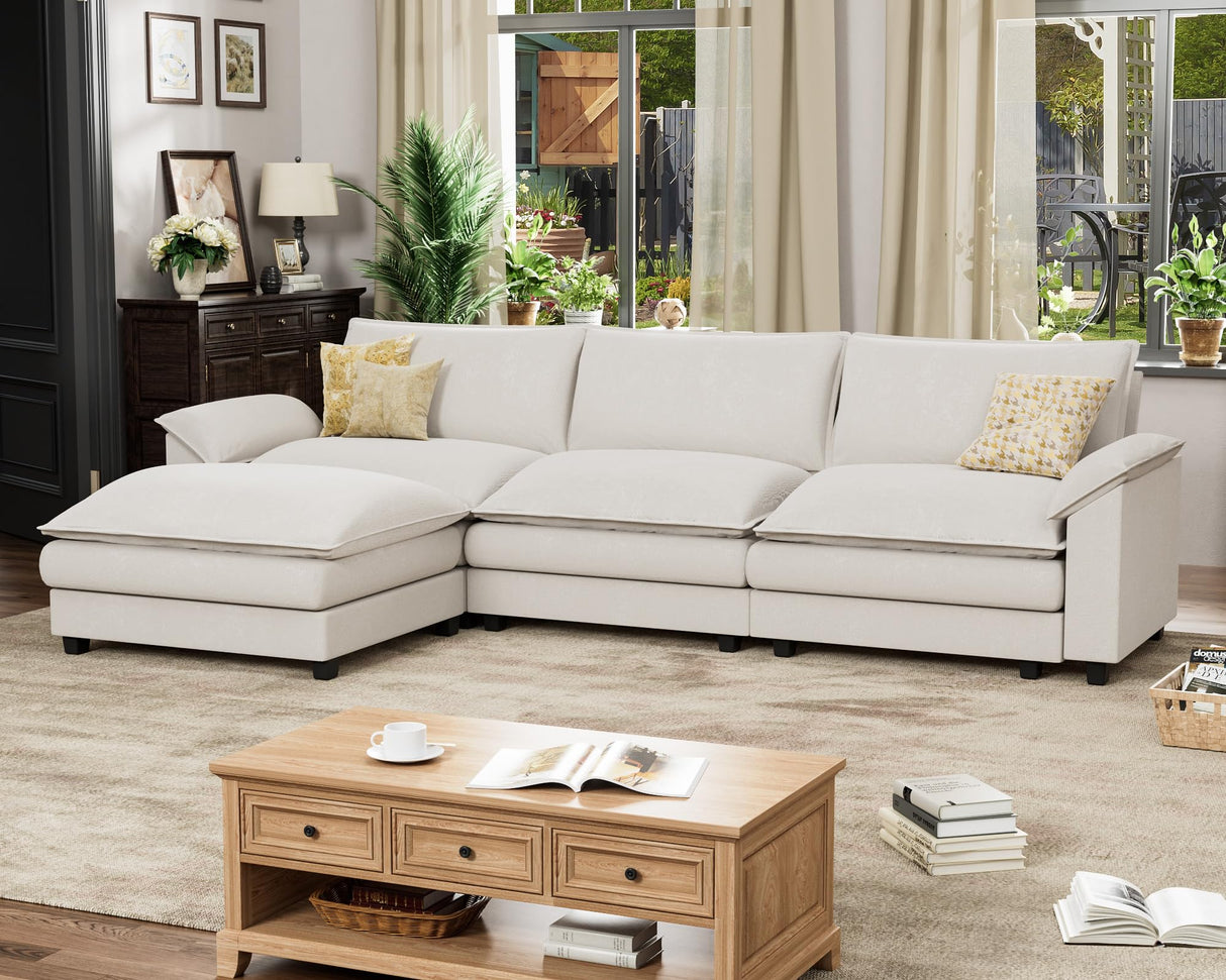 Homall Modular Sectional Sofa, Loveseat Sofa Couch with Reversible Ottoman, DIY Combination Chenille Deep Seat Cloud Couch for Living Room, Apartment (White, L Shaped Sofa) Homall