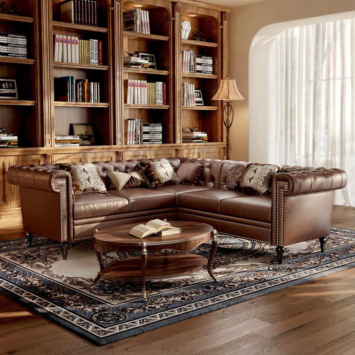 EYBCT Faux Leather Sectional Sofa Couch for Living Room, L Shaped Reversible Modern Chesterfield Sofa with Rolled Arms and Nailhead, 5 Seat Tufted Couch for Small or Large Space (Dark Brown) EYBCT