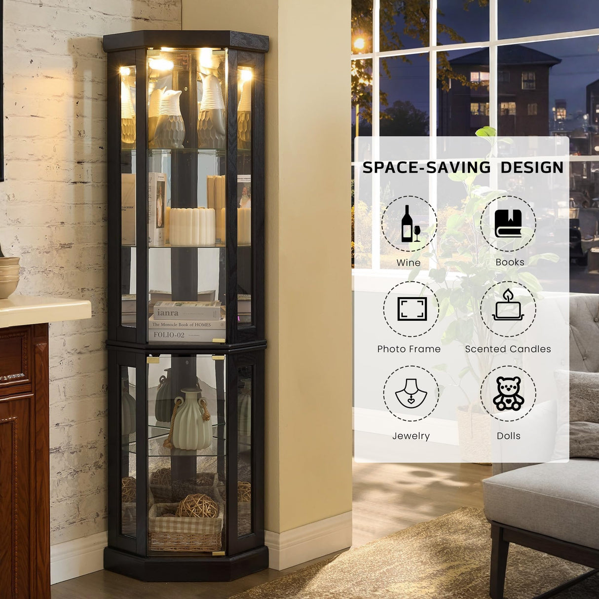 Eyisean 70" Lighted Glass Corner Curio Cabinet, Display Cabinet with Elegant Tempered Glass Door, China Cabinet with Light Bulb, Mirrored Back Panel, Rack for Living Room Storage (Black) Eyisean